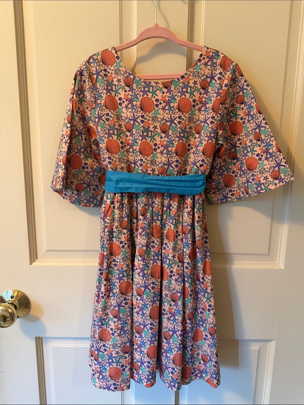 Girls' Pink Seashell Print Casual Dress with Turquoise Sash